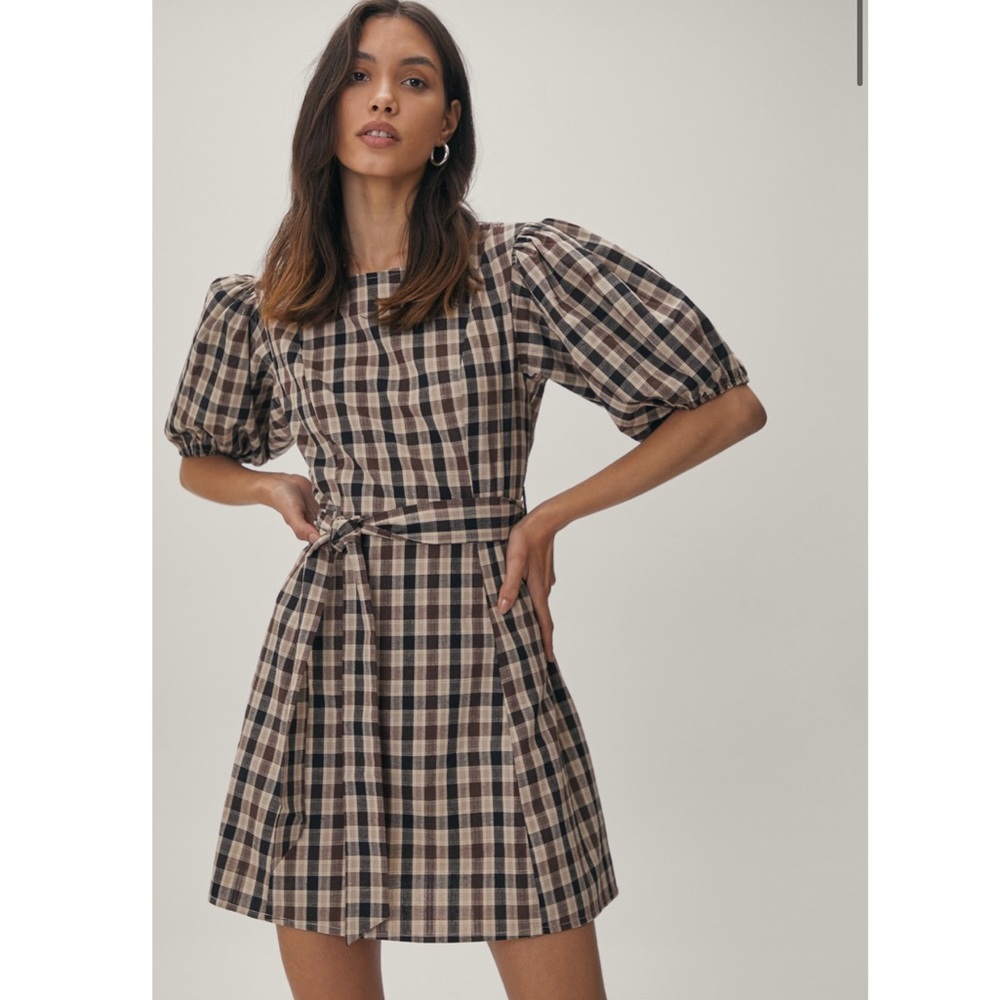 NWT Check Puff Sleeve Belted Mini Dress
